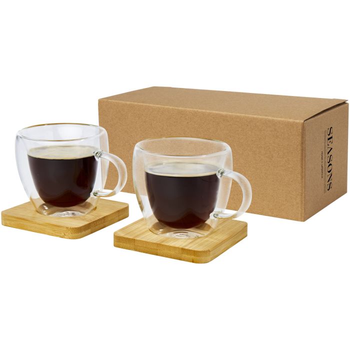 Manti 2-piece 100 ml double-wall glass cup with bamboo coaster Manti 2-piece 100 ml double-wall glass cup with bamboo coaster