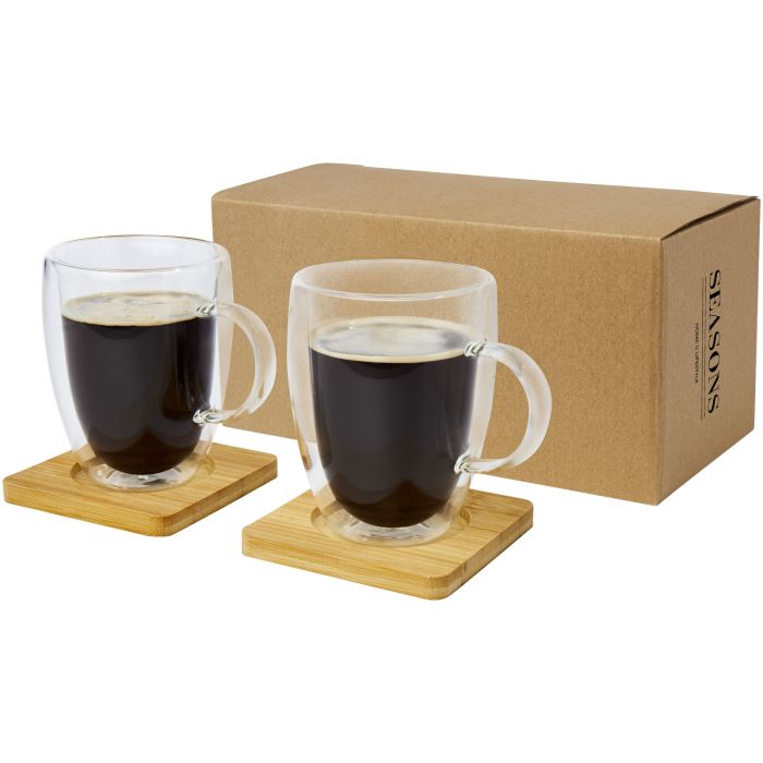 Manti 2-piece 350 ml double-wall glass cup with bamboo coaster Manti 2-piece 350 ml double-wall glass cup with bamboo coaster