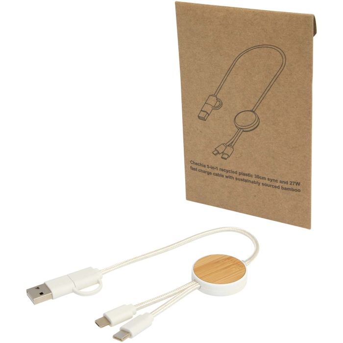 Chechia 5-in-1 recycled plastic 30 cm data sync and 27W fast charge cable with bamboo details Chechia 5-in-1 recycled plastic 30 cm data sync and 27W fast charge cable with bamboo details