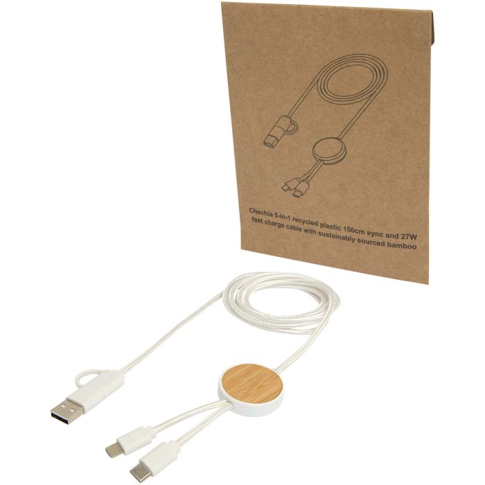 Chechia 5-in-1 recycled plastic 150 cm data sync and 27W fast charge cable with bamboo details Chechia 5-in-1 recycled plastic 150 cm data sync and 27W fast charge cable with bamboo details