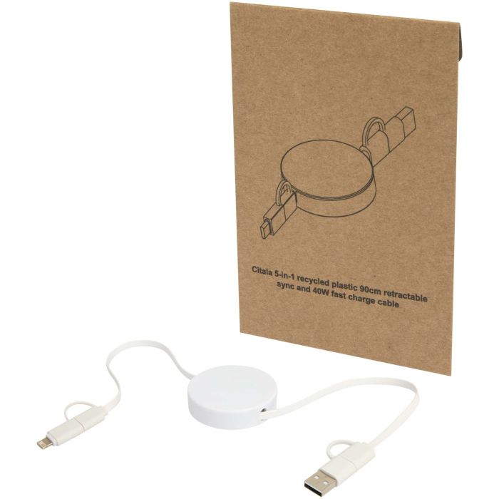 Citala 5-in-1 recycled plastic 90 cm retractable data sync and 40W fast charge cable Citala 5-in-1 recycled plastic 90 cm retractable data sync and 40W fast charge cable