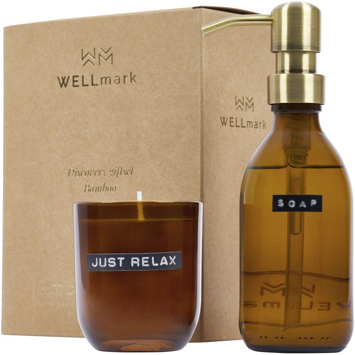 Wellmark Discovery 200 ml hand soap dispenser and 150 g scented candle set - bamboo fragrance Wellmark Discovery 200 ml hand soap dispenser and 150 g scented candle set - bamboo fragrance