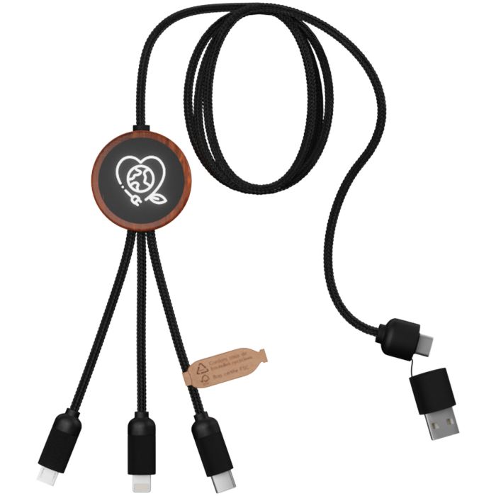 SCX.design C37 40W 5-in-1 rPET light-up logo charging cable with round wooden casing SCX.design C37 40W 5-in-1 rPET light-up logo charging cable with round wooden casing