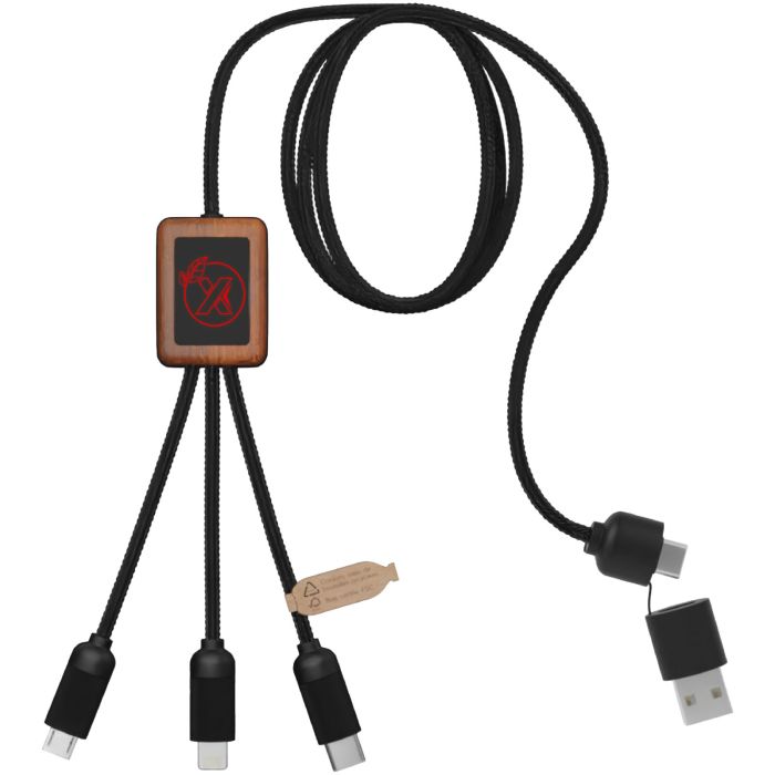 SCX.design C38 40W 5-in-1 rPET light-up logo charging cable with squared wooden casing SCX.design C38 40W 5-in-1 rPET light-up logo charging cable with squared wooden casing